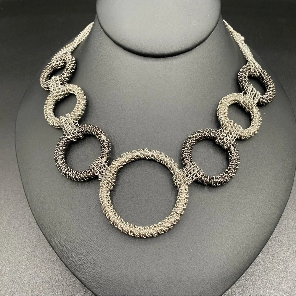 Brutalist Metalwork Silver Chain Woven Ring Necklace in Gunmetal and Silver